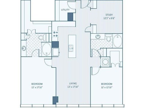 Floor plan for 2 beds, 2 baths, 1537 sqft
