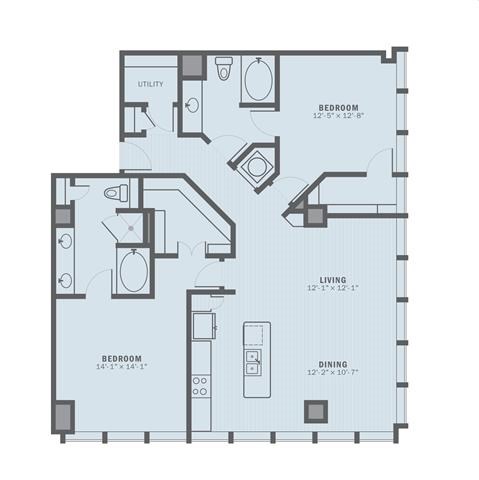 Floor plan for 2 beds, 2 baths, 1464 sqft