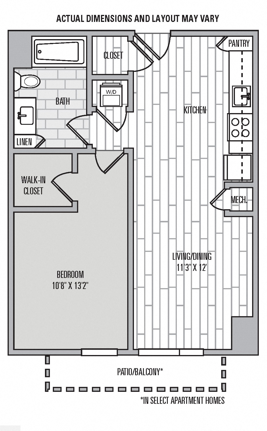 Floor plan for 1 bed, 1 bath, 691 sqft