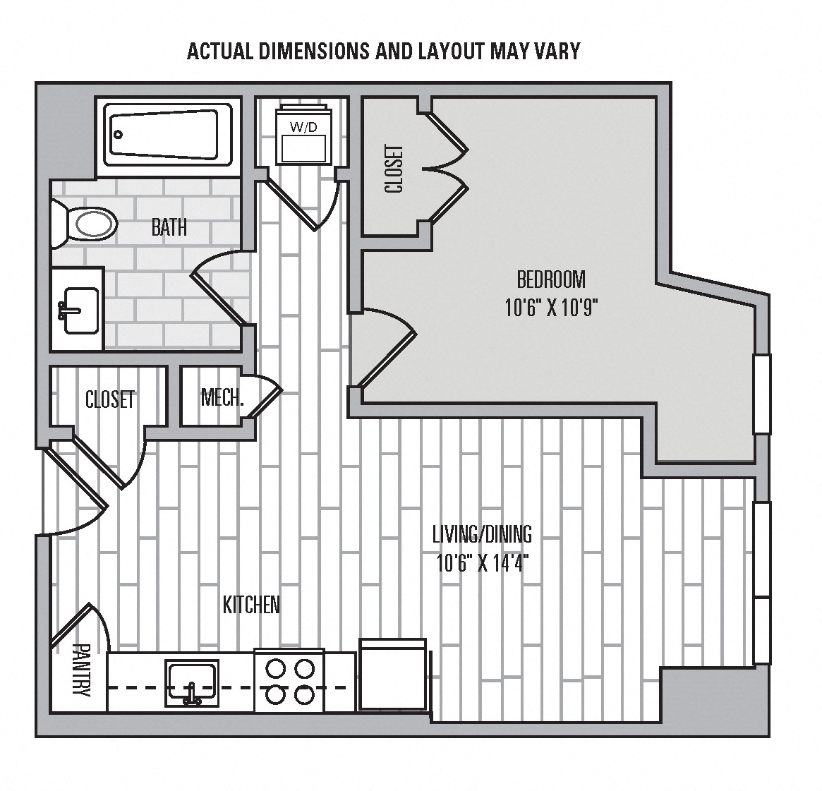 Floor plan for 1 bed, 1 bath, 562 sqft