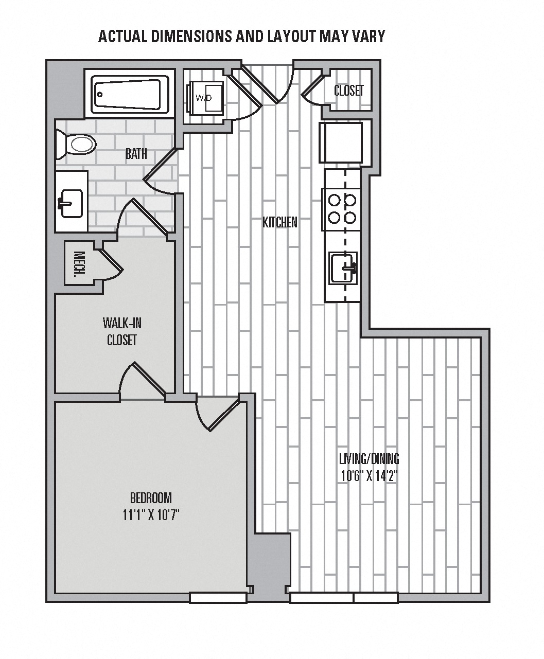 Floor plan for 1 bed, 1 bath, 622 sqft