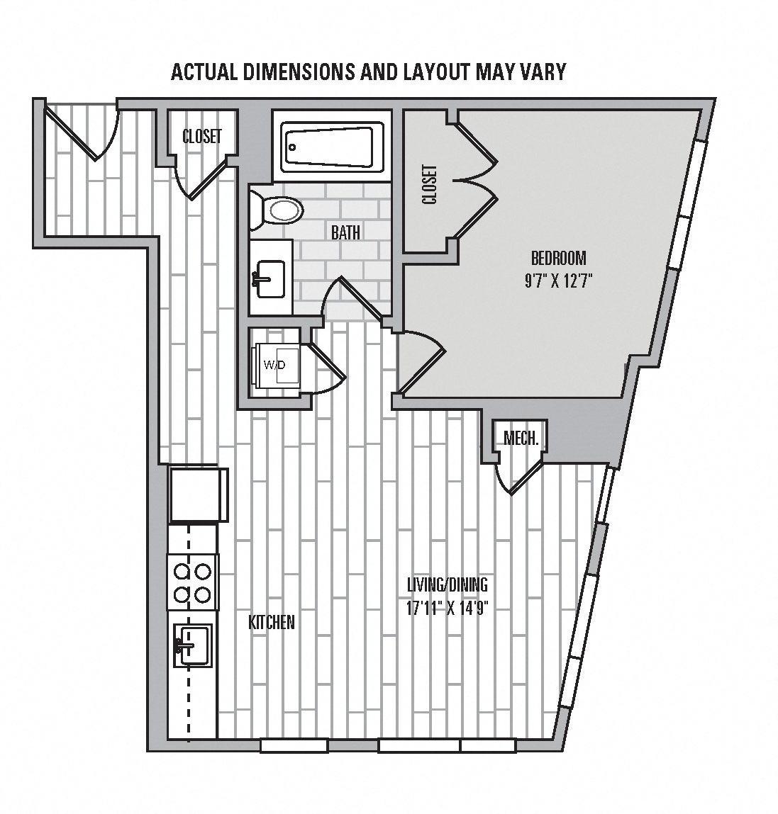 Floor plan for 1 bed, 1 bath, 640 sqft