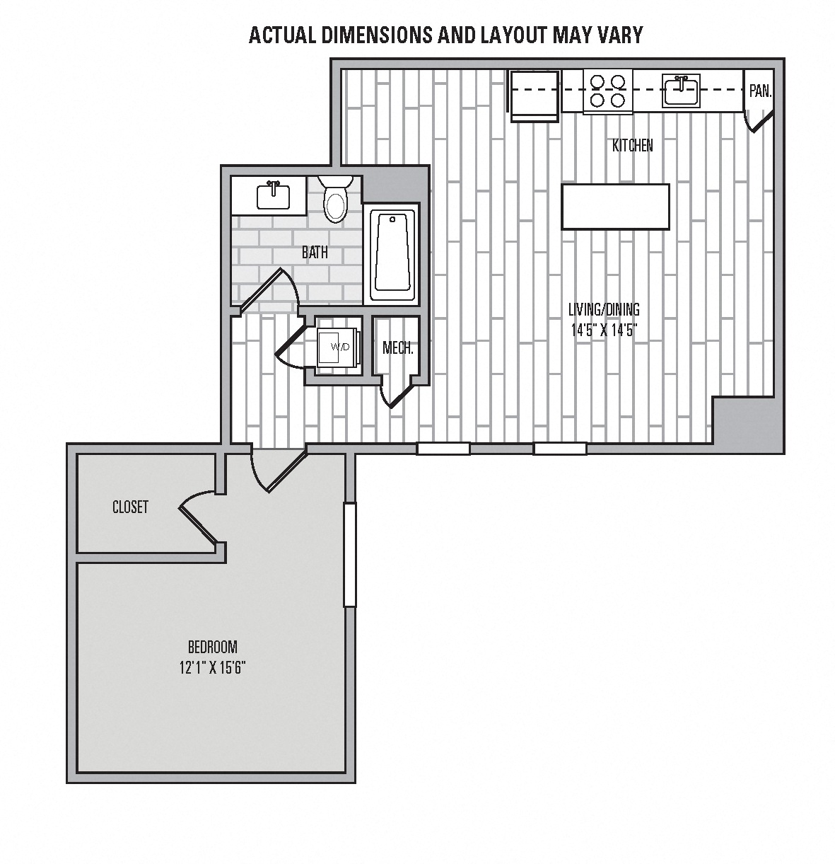Floor plan for 1 bed, 1 bath, 711 sqft