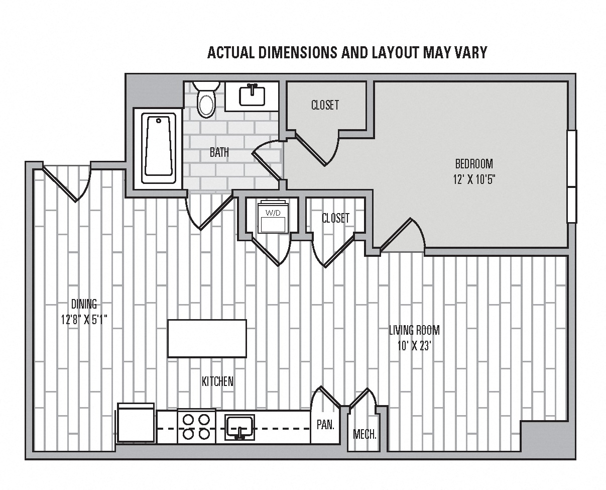 Floor plan for 1 bed, 1 bath, 837 sqft