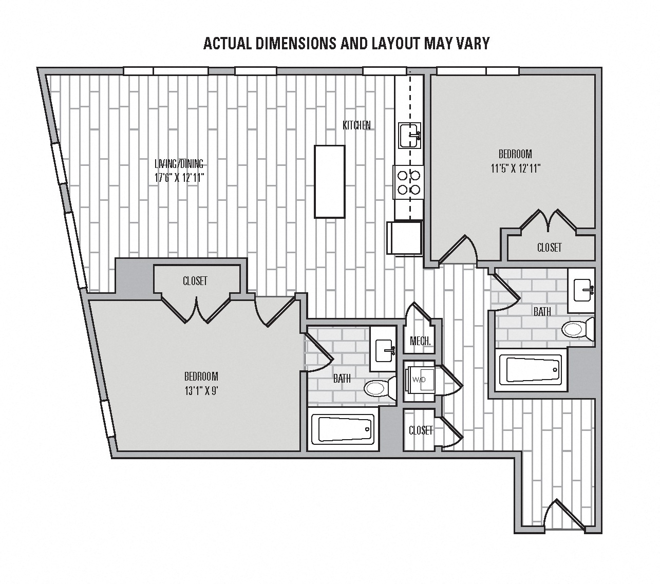 Floor plan for 2 beds, 2 baths, 1050 sqft