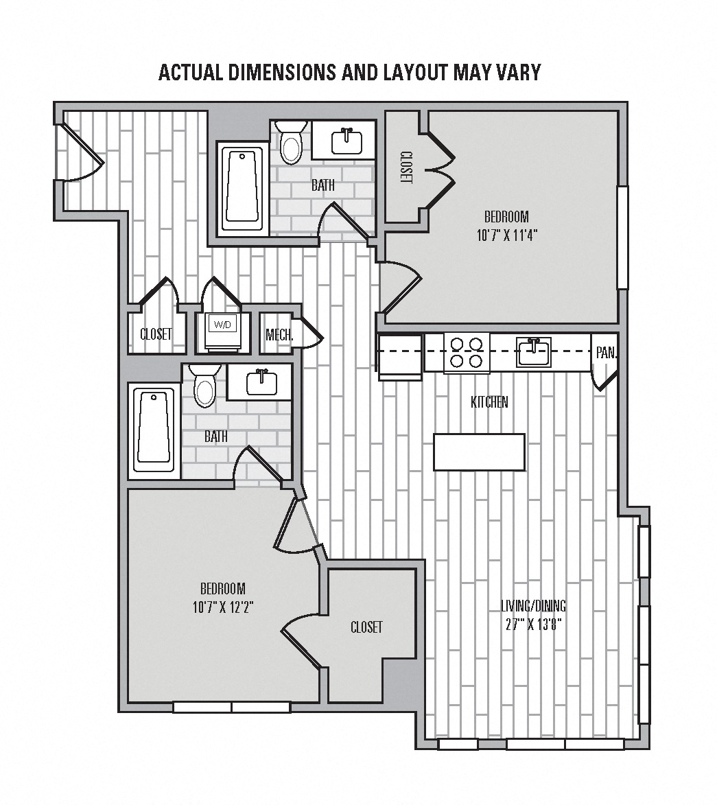 Floor plan for 2 beds, 2 baths, 964 sqft