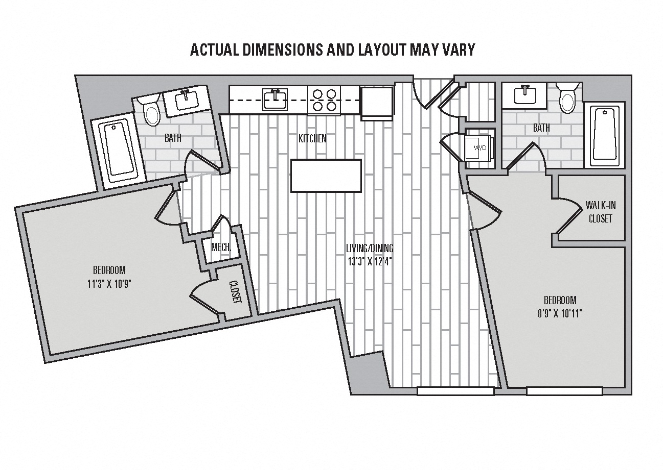 Floor plan for 1 bed, 2 baths, 900 sqft