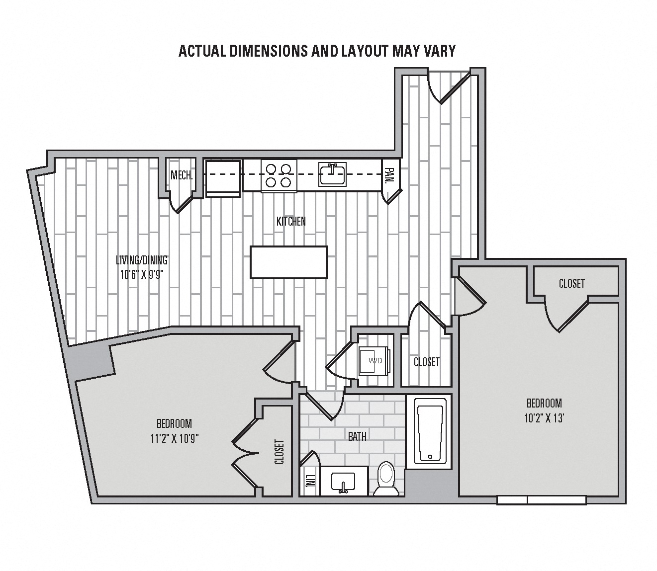 Floor plan for 2 beds, 1 bath, 832 sqft