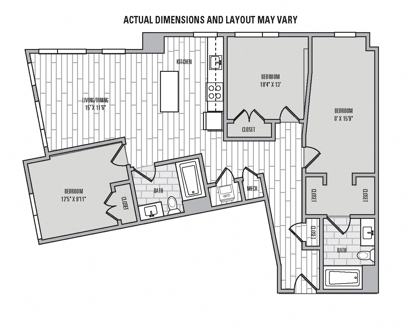 Floor plan for 3 beds, 2 baths, 1152 sqft