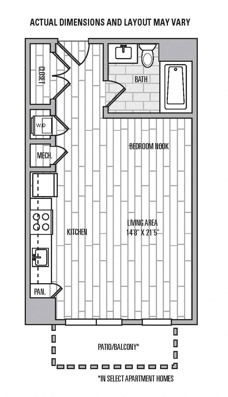 Floor plan for studio, 1 bath, 543 sqft