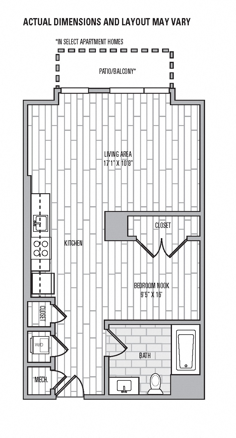 Floor plan for studio, 1 bath, 525 sqft
