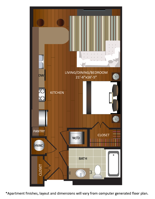 Floor plan for studio, 1 bath, 525 sqft