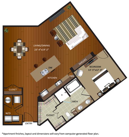 Floor plan for 1 bed, 1 bath, 1204 sqft