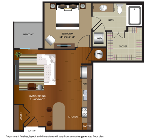 Floor plan for 1 bed, 1 bath, 684 sqft