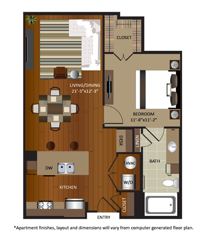Floor plan for 1 bed, 1 bath, 751 sqft