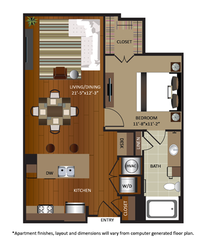Floor plan for 1 bed, 1 bath, 751 sqft