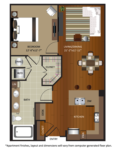 Floor plan for 1 bed, 1 bath, 788 sqft