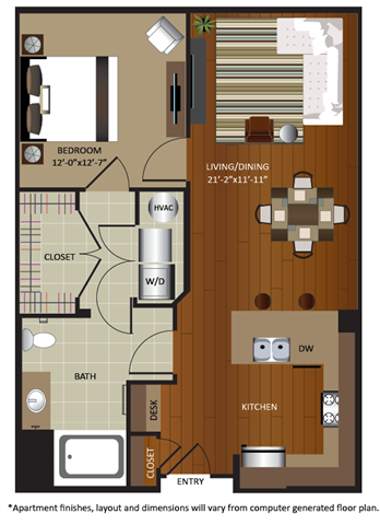 Floor plan for 1 bed, 1 bath, 805 sqft