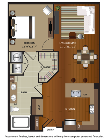 Floor plan for 1 bed, 1 bath, 805 sqft