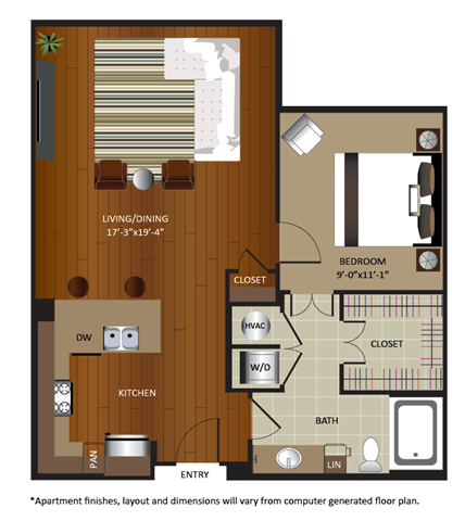 Floor plan for 1 bed, 1 bath, 862 sqft