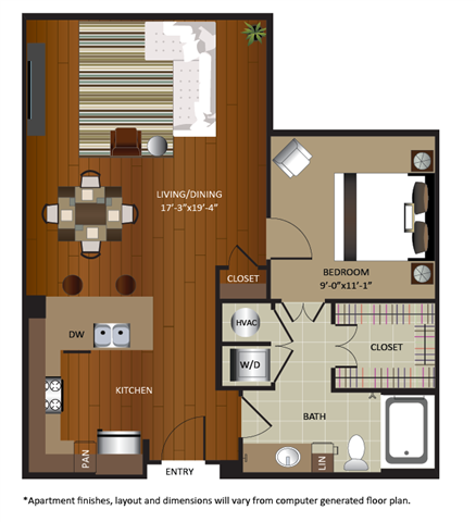 Floor plan for 1 bed, 1 bath, 832 sqft