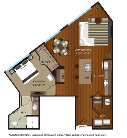 Floor plan for 1 bed, 1 bath, 855 sqft