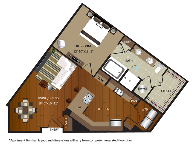 Floor plan for 1 bed, 1 bath, 862 sqft