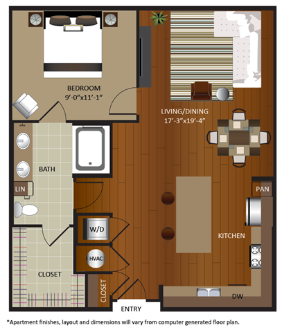 Floor plan for 1 bed, 1 bath, 898 sqft