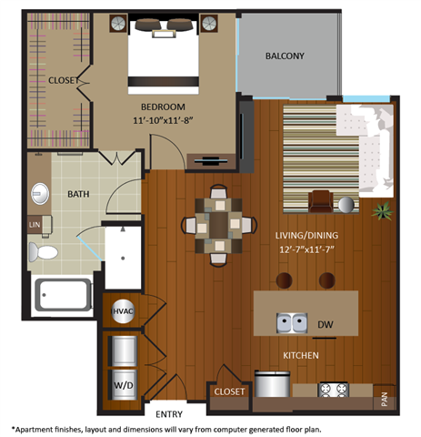 Floor plan for 1 bed, 1 bath, 883 sqft