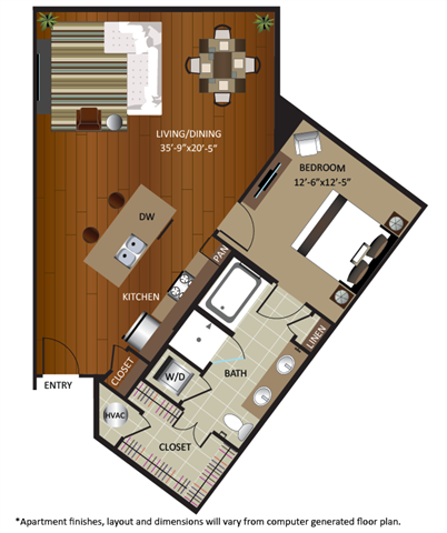 Floor plan for 1 bed, 1 bath, 913 sqft
