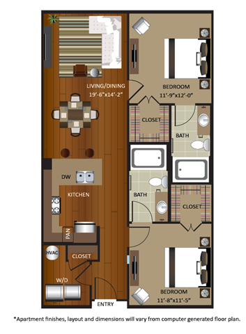 Floor plan for 2 beds, 2 baths, 997 sqft