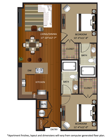 Floor plan for 2 beds, 2 baths, 1019 sqft