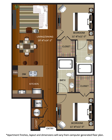 Floor plan for 2 beds, 2 baths, 983 sqft