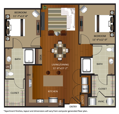 Floor plan for 2 beds, 2 baths, 1188 sqft