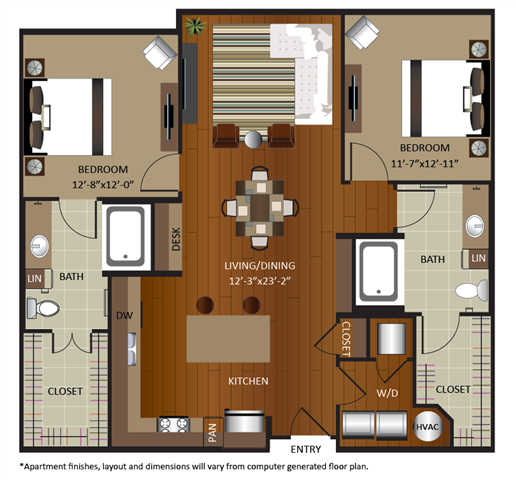 Floor plan for 2 beds, 2 baths, 1188 sqft