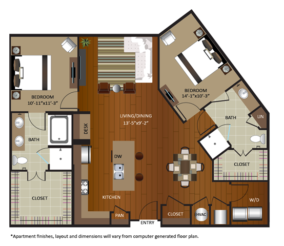 Floor plan for 2 beds, 2 baths, 1338 sqft