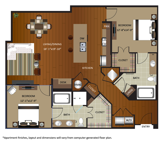 Floor plan for 2 beds, 2 baths, 1360 sqft