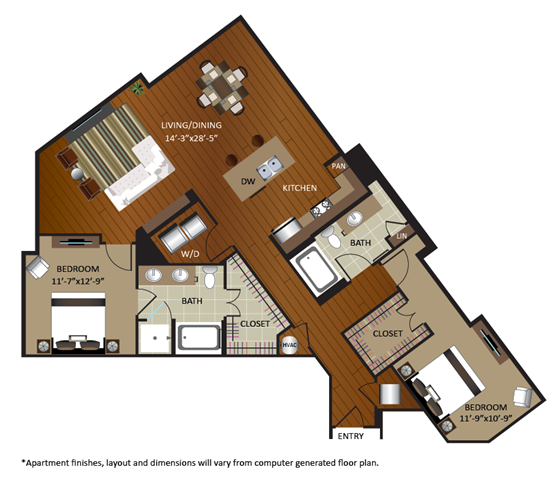 Floor plan for 2 beds, 2 baths, 1431 sqft