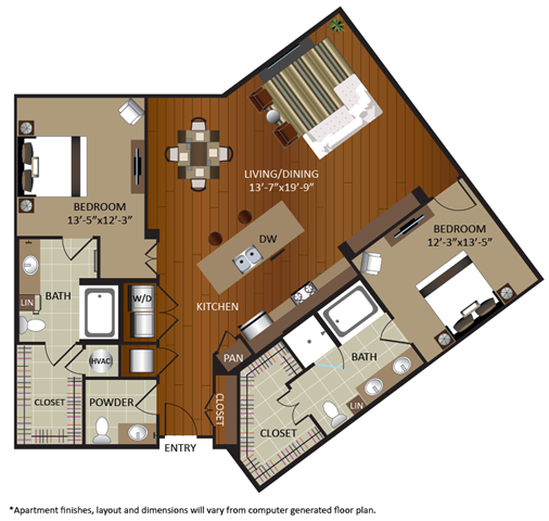 Floor plan for 2 beds, 2.5 baths, 1480 sqft