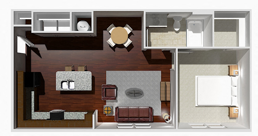 Floor plan for 1 bed, 1 bath, 751 sqft
