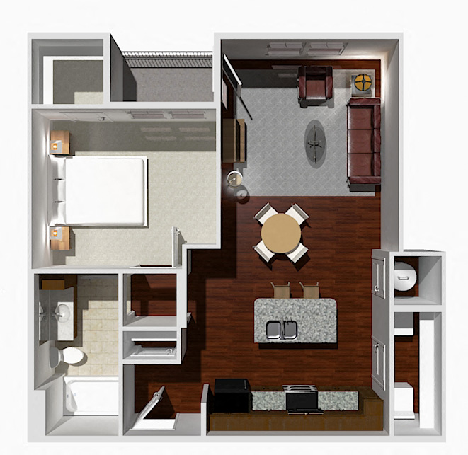 Floor plan for 1 bed, 1 bath, 748 sqft