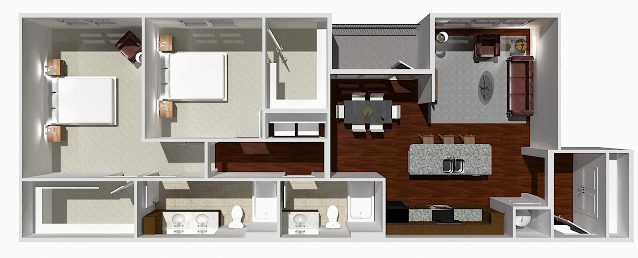 Floor plan for 2 beds, 2 baths, 1259 sqft