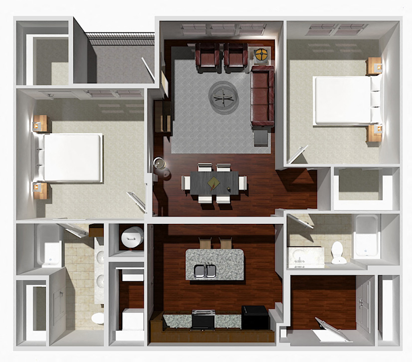 Floor plan for 2 beds, 2 baths, 1216 sqft