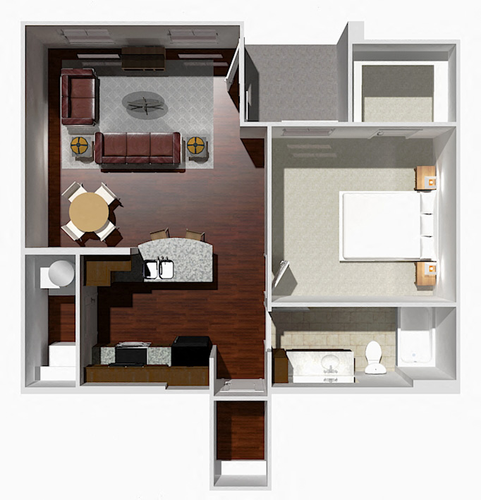 Floor plan for 1 bed, 1 bath, 847 sqft