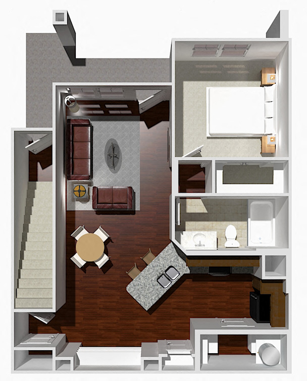 Floor plan for 1 bed, 1 bath, 942 sqft