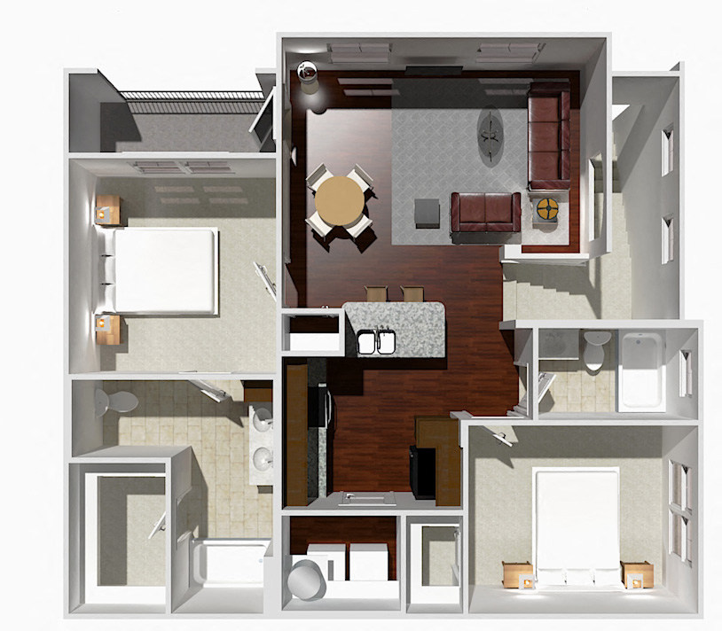 Floor plan for 2 beds, 2 baths, 1072 sqft