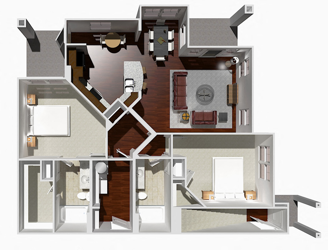 Floor plan for 2 beds, 2 baths, 1270 sqft