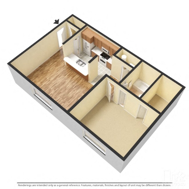 Floor plan for 1 bed, 1 bath, 622 sqft