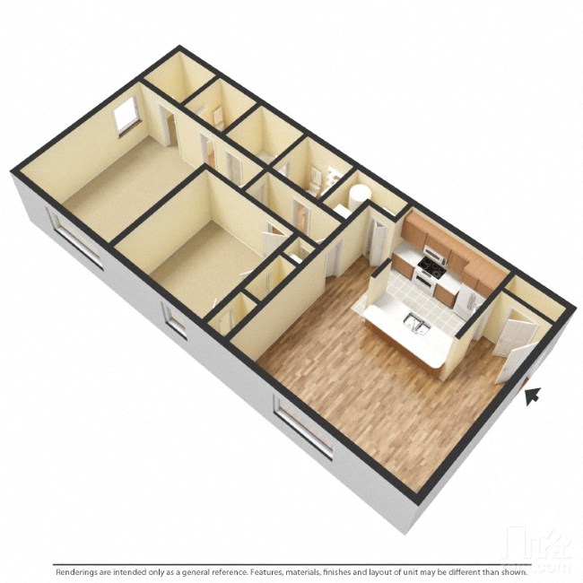 Floor plan for 2 beds, 1.5 baths, 800 sqft