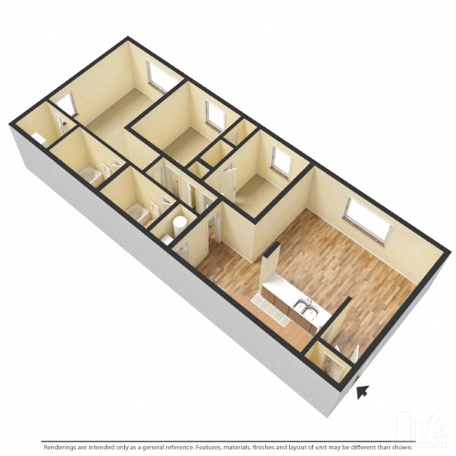 Floor plan for 3 beds, 2 baths, 965 sqft